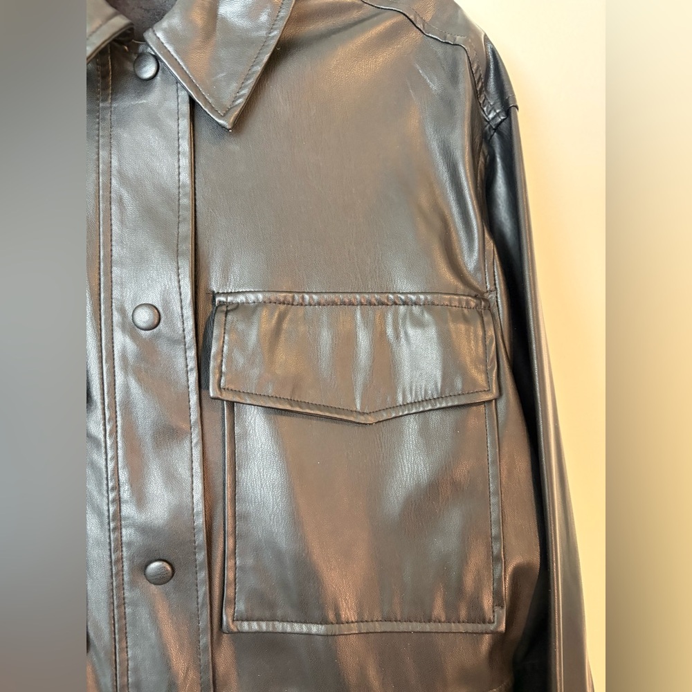Zara Faux Leather Overshirt Black Oversized Snap - Picture 6 of 10